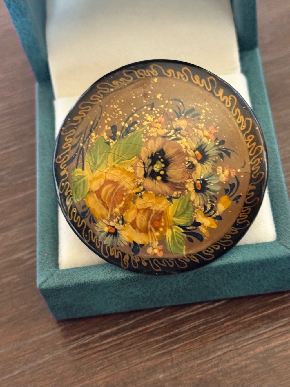 Vintage 1993 Russian Mstera Lacquer Statement Pin Hand Painted Signed